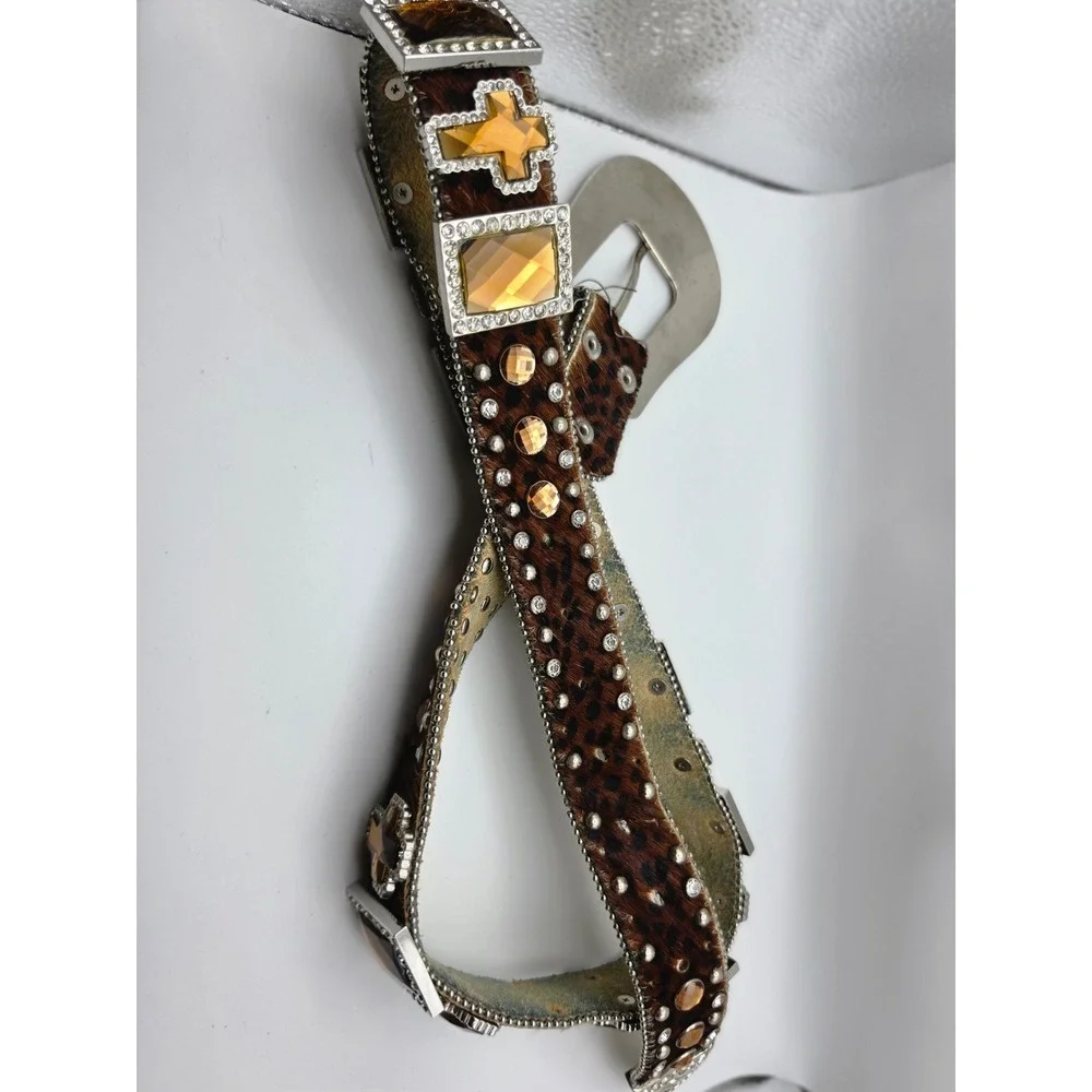 Western Leopard Calf Hair Crystal Studded Cross Belt Silver Buckle Brown Amber